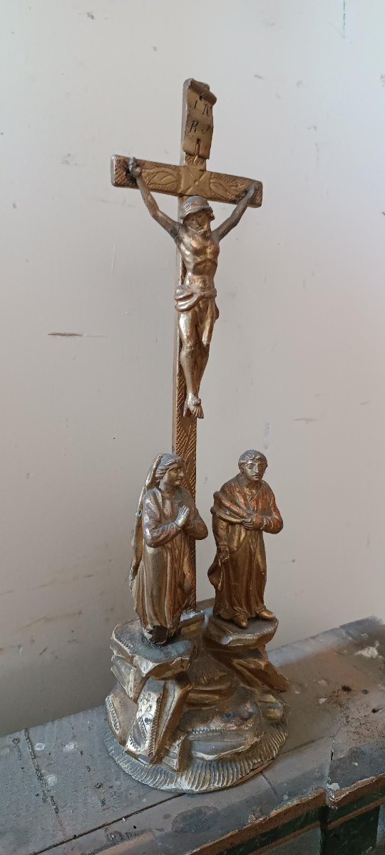 crocifisso antico crocifissione golgota legno dorato XIX secolo-photo-4