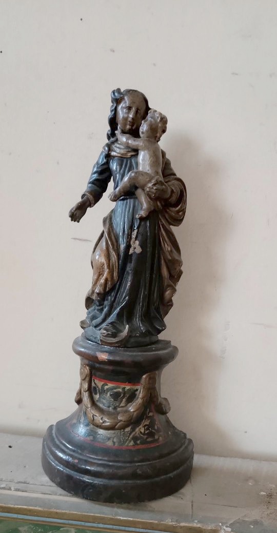 Antica scultura policroma in legno barocco ,madonna con bambino-photo-3