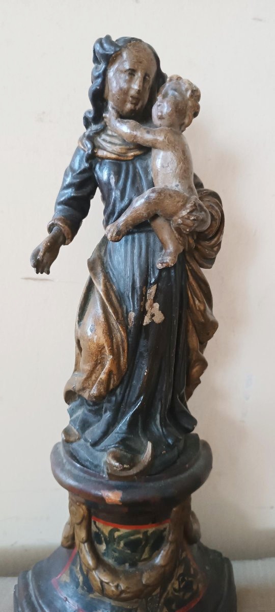 Antica scultura policroma in legno barocco ,madonna con bambino-photo-3