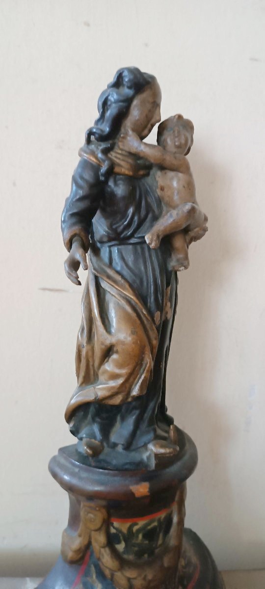 Antica scultura policroma in legno barocco ,madonna con bambino-photo-4