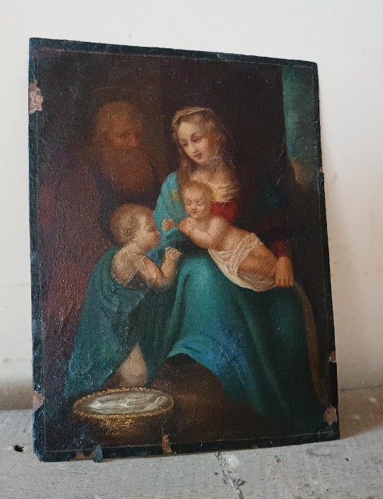 Antico dipinto su rame-sacra famiglia-