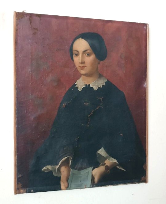 dipinto antico olio su tela meta' XIX Secolo scuola italiana-ritratto femminile-photo-2