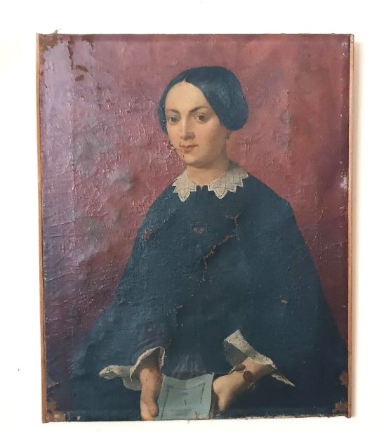 dipinto antico olio su tela meta' XIX Secolo scuola italiana-ritratto femminile-photo-3