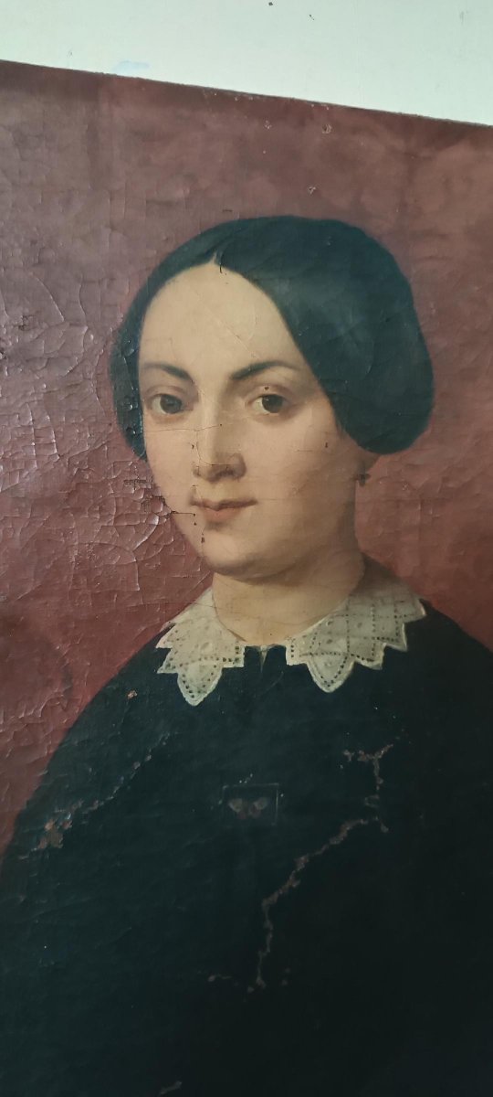 dipinto antico olio su tela meta' XIX Secolo scuola italiana-ritratto femminile-photo-1