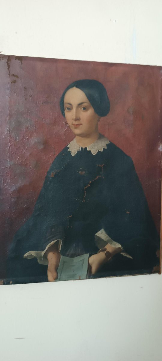 dipinto antico olio su tela meta' XIX Secolo scuola italiana-ritratto femminile-photo-7