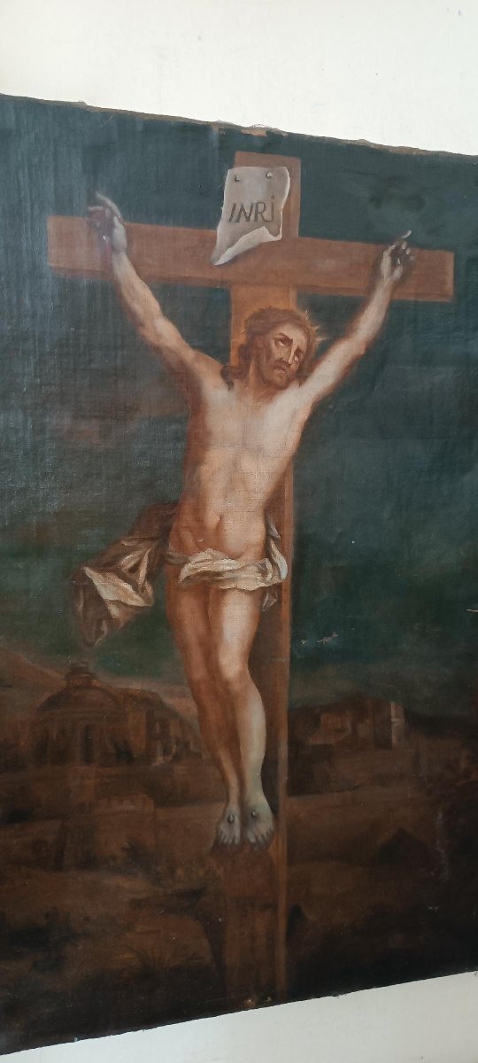 Antico olio su tela "crocifissione" scuola italiana XVIII secolo-photo-2