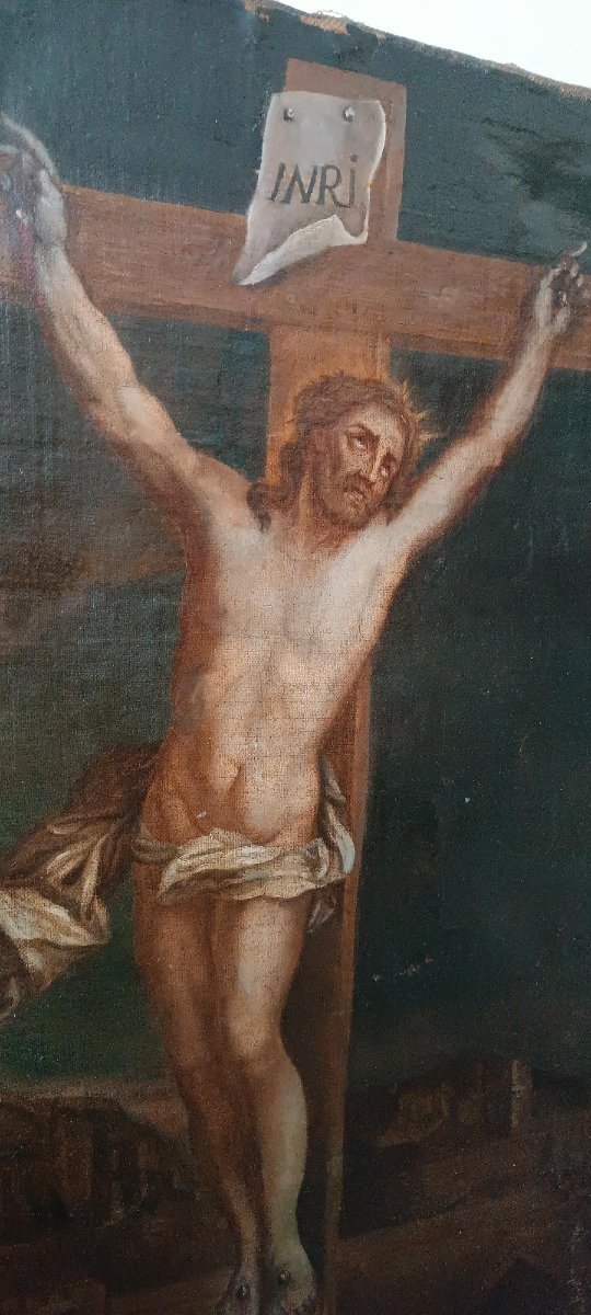 Antico olio su tela "crocifissione" scuola italiana XVIII secolo-photo-3