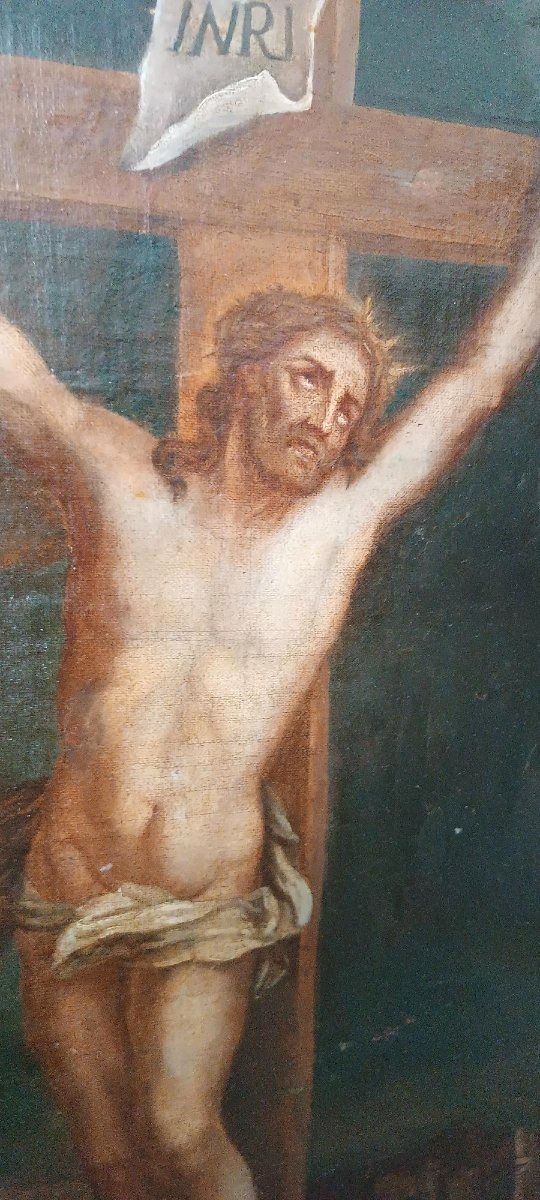 Antico olio su tela "crocifissione" scuola italiana XVIII secolo-photo-4