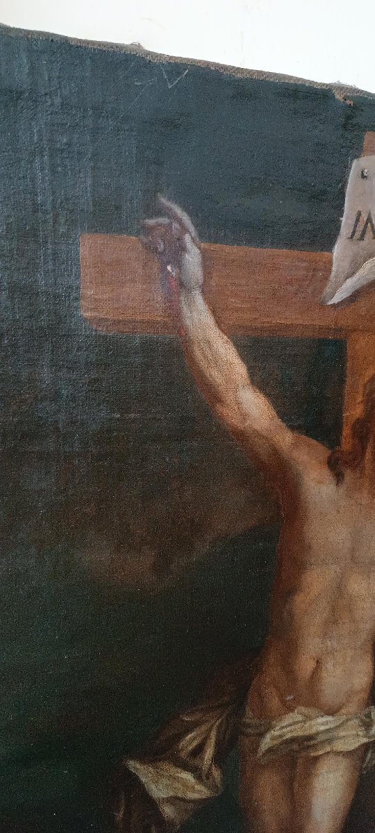 Antico olio su tela "crocifissione" scuola italiana XVIII secolo-photo-1