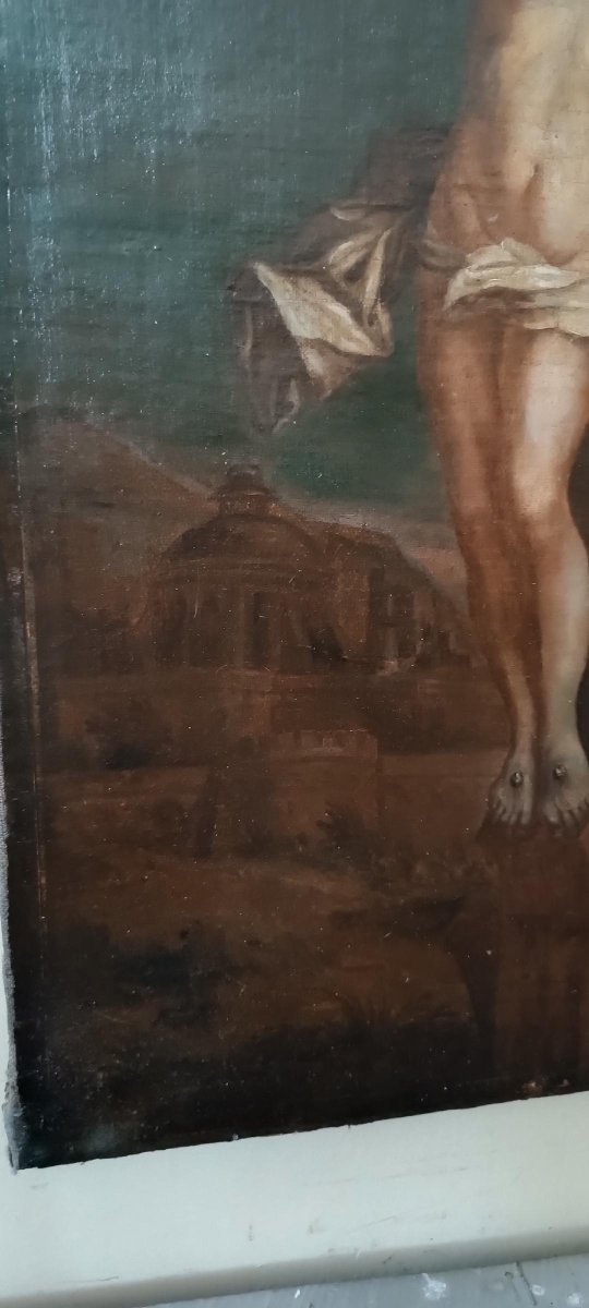 Antico olio su tela "crocifissione" scuola italiana XVIII secolo-photo-4