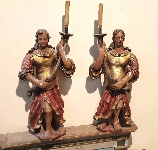 Antica coppia di angeli reggicero in legno policromo XVII  SECOLO-photo-2