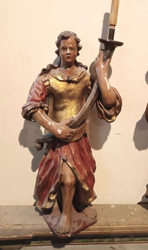 Antica coppia di angeli reggicero in legno policromo XVII  SECOLO-photo-3