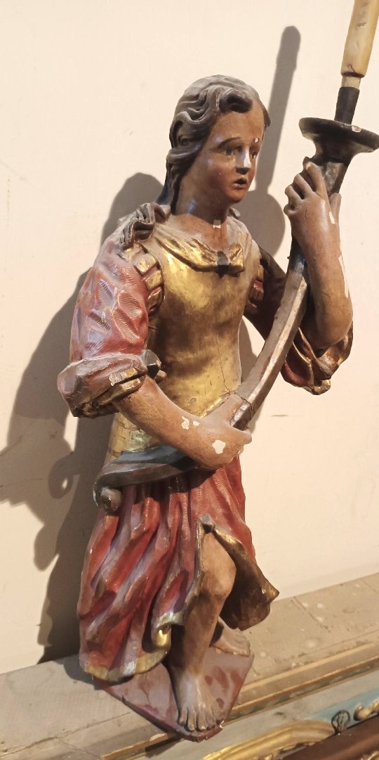 Antica coppia di angeli reggicero in legno policromo XVII  SECOLO-photo-1