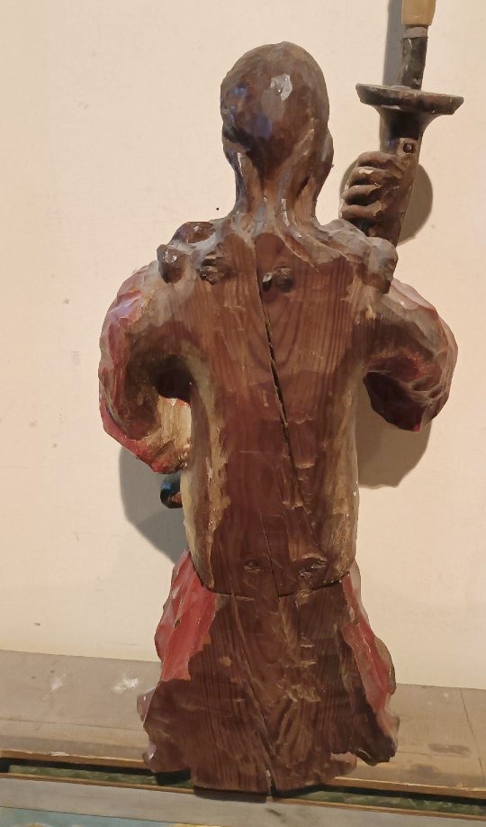 Antica coppia di angeli reggicero in legno policromo XVII  SECOLO-photo-6
