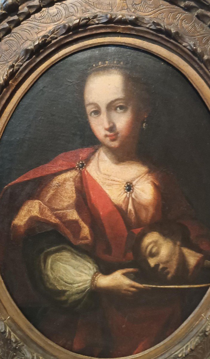Antico dipinto olio su tela Salomè con la testa del Battista- XVIII secolo-photo-4