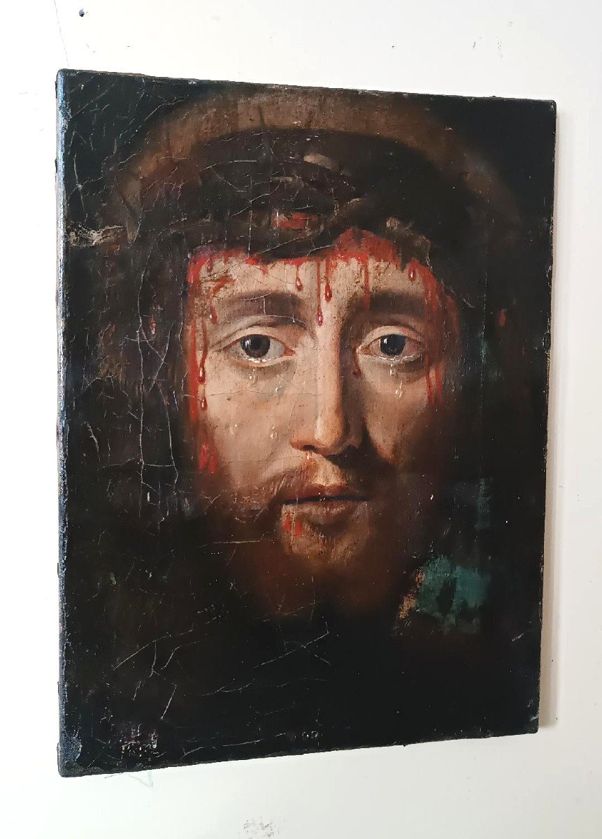 Antico olio su tela " il volto santo di Gesu' Cristo" Ecce Homo-photo-2