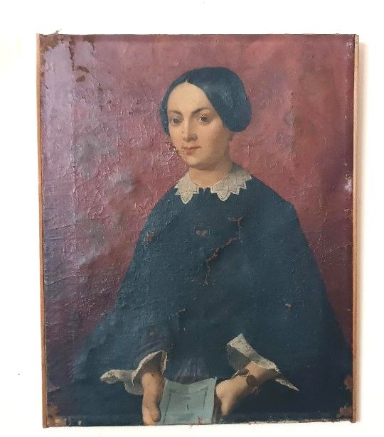 dipinto antico olio su tela meta' XIX Secolo scuola italiana-ritratto femminile-photo-3