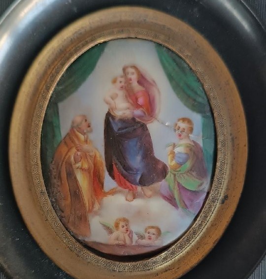 Miniatura su porcellana dipinta ,Madonna di san Sisto xix secolo-photo-1