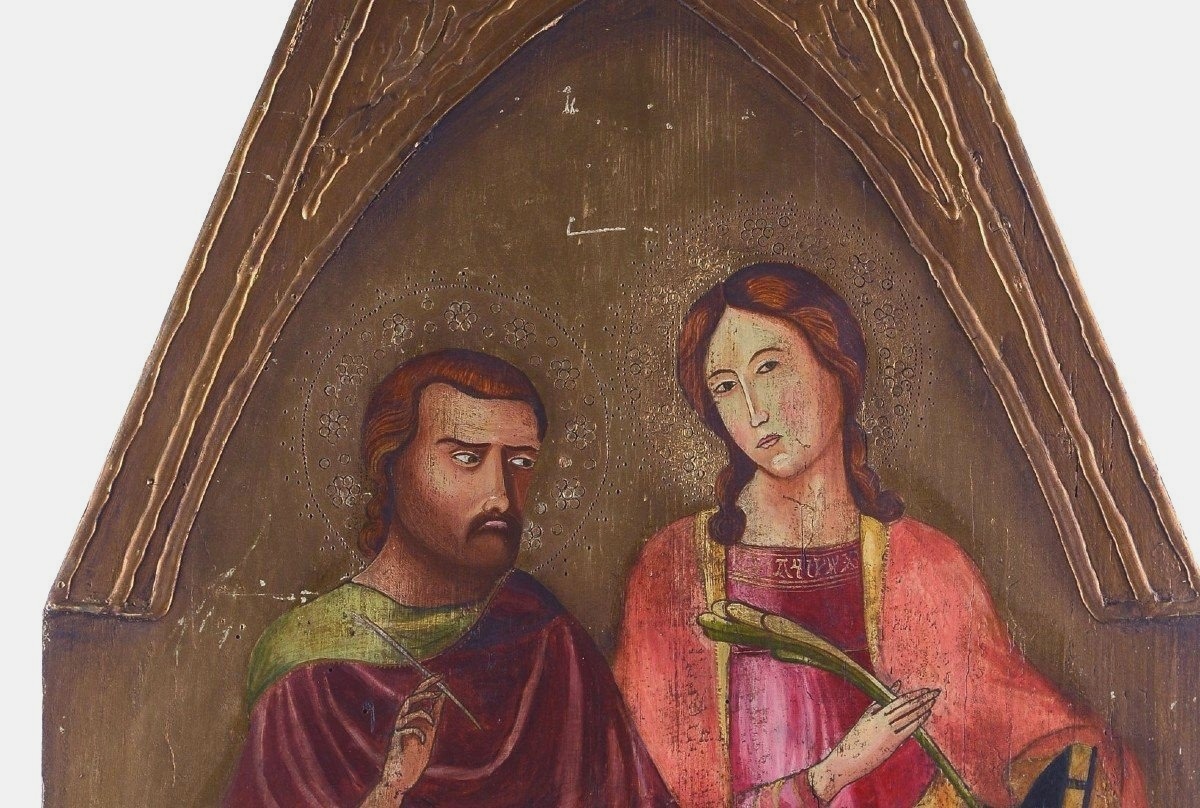  Antico dipinto a tempera su tavola con santi, epoca '800 h.133 cm-photo-3