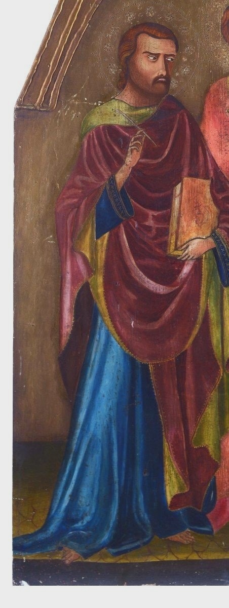  Antico dipinto a tempera su tavola con santi, epoca '800 h.133 cm-photo-1