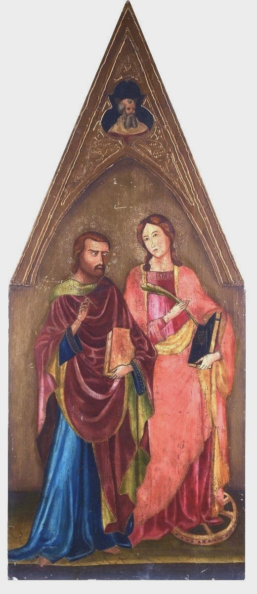  Antico dipinto a tempera su tavola con santi, epoca '800 h.133 cm