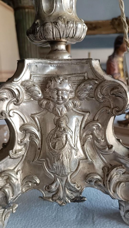 Antico candeliere in metallo argentato , lampada -photo-3