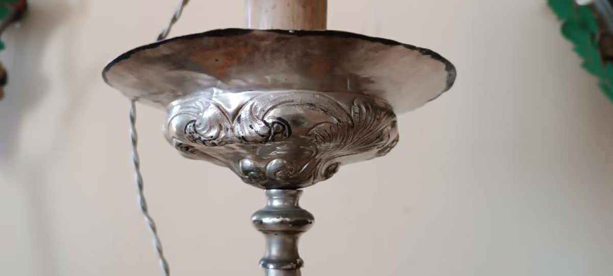 Antico candeliere in metallo argentato , lampada -photo-6