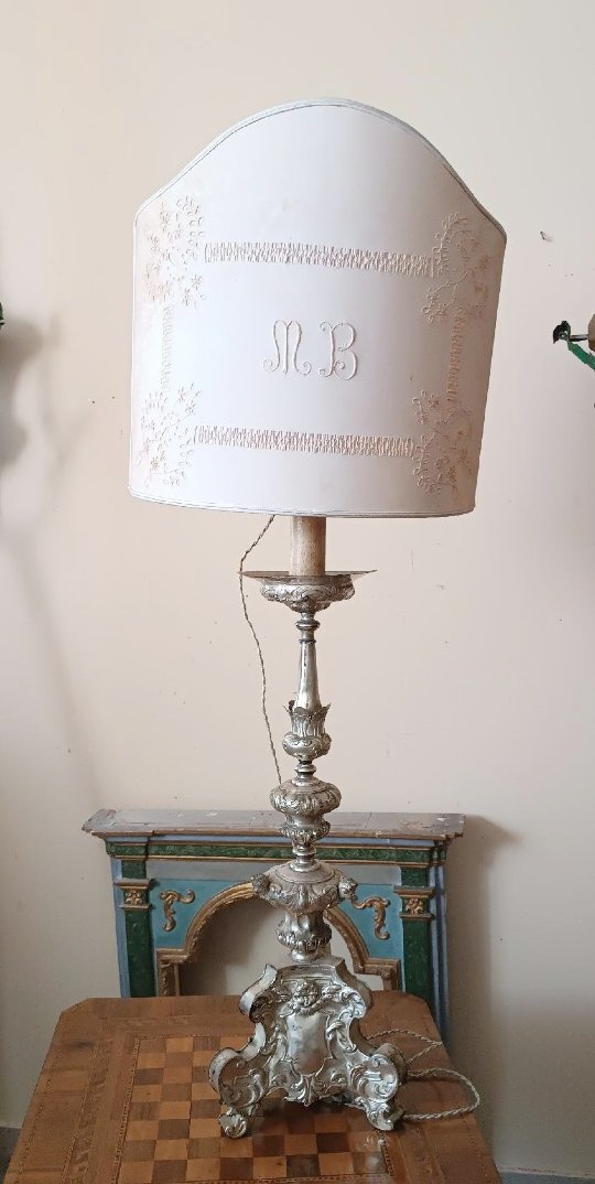 Antico candeliere in metallo argentato , lampada -photo-7