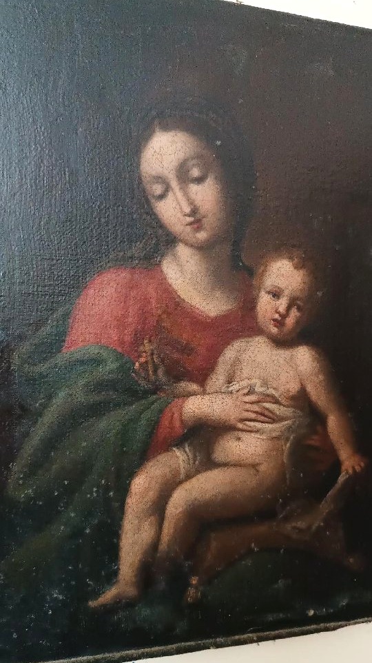 Antico dipinto , olio su tela ,Madonna con bambino-photo-4