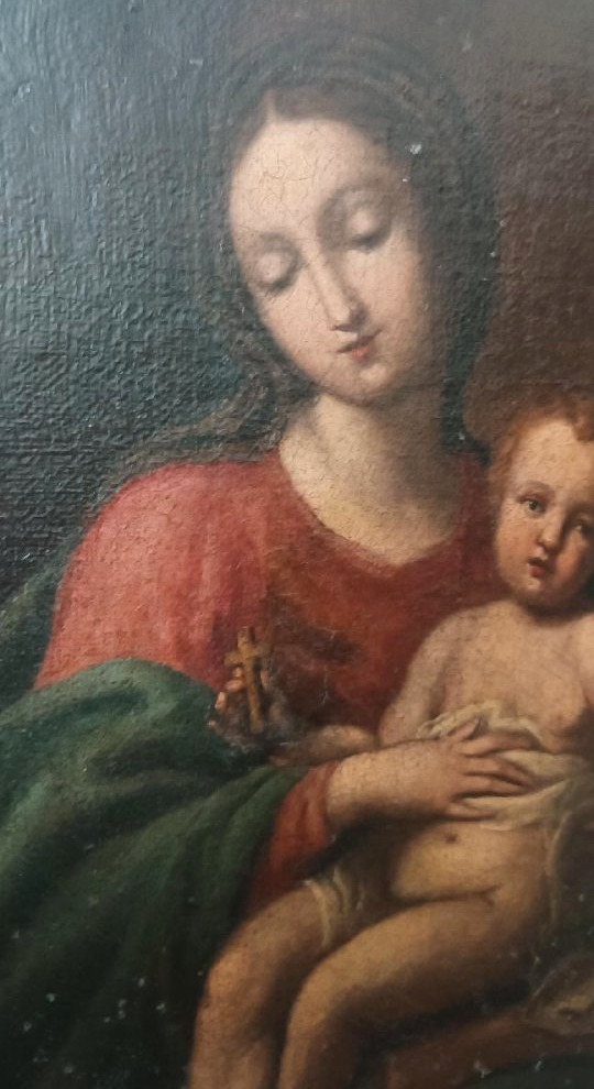 Antico dipinto , olio su tela ,Madonna con bambino-photo-3