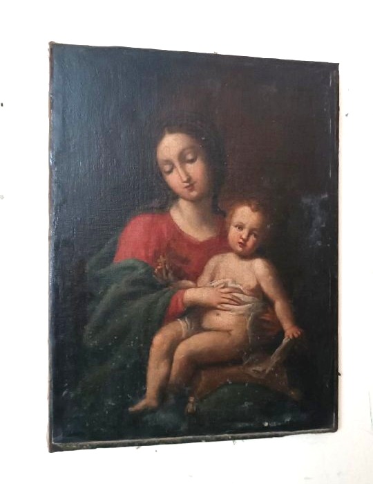 Antico dipinto , olio su tela ,Madonna con bambino