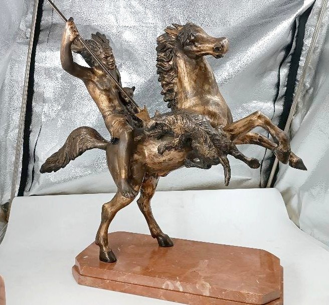 Grande scultura bronzo raffigurante indiano a cavallo -Tommaso Campajola (1890 - 1968)-photo-2