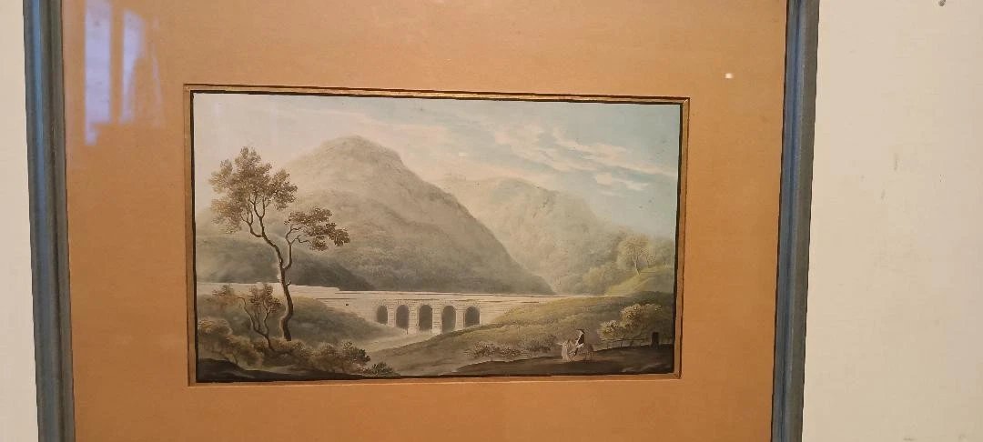 Antico acquerello su carta primi 800 - paesaggio con acquedotto, ponte-photo-1