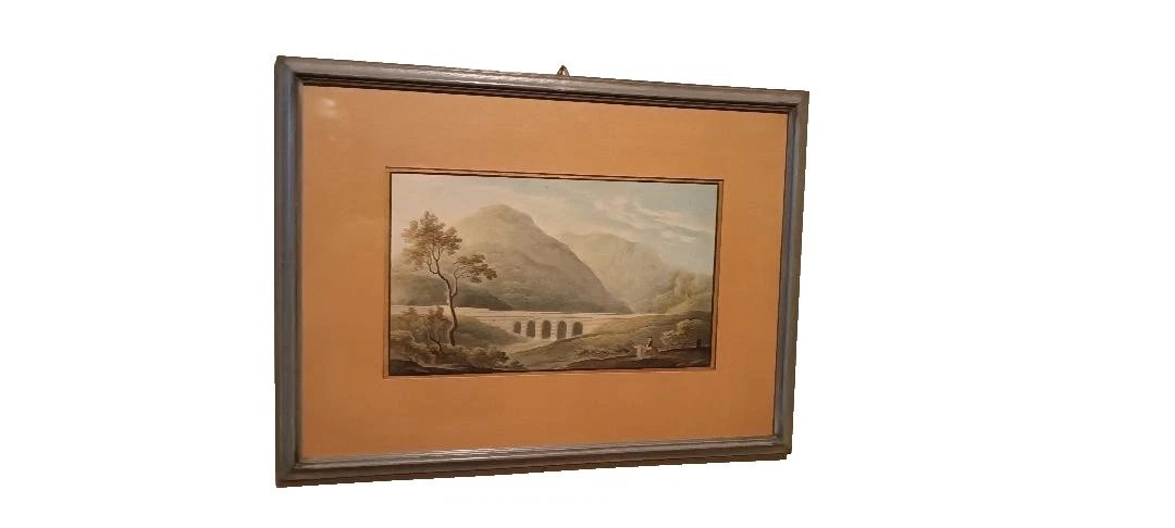 Antico acquerello su carta primi 800 - paesaggio con acquedotto, ponte