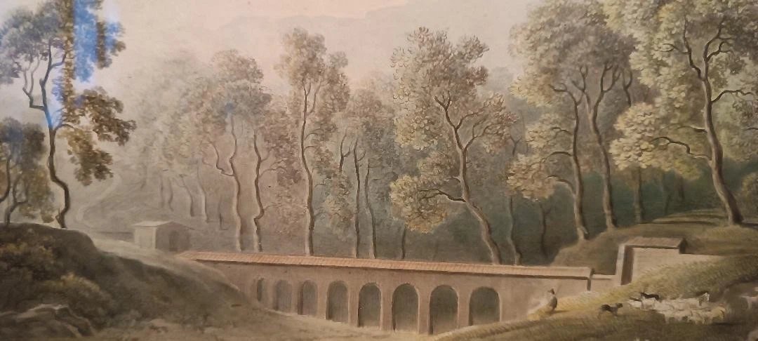 Antico acquerello su carta primi 800 - paesaggio con acquedotto, ponte-photo-1