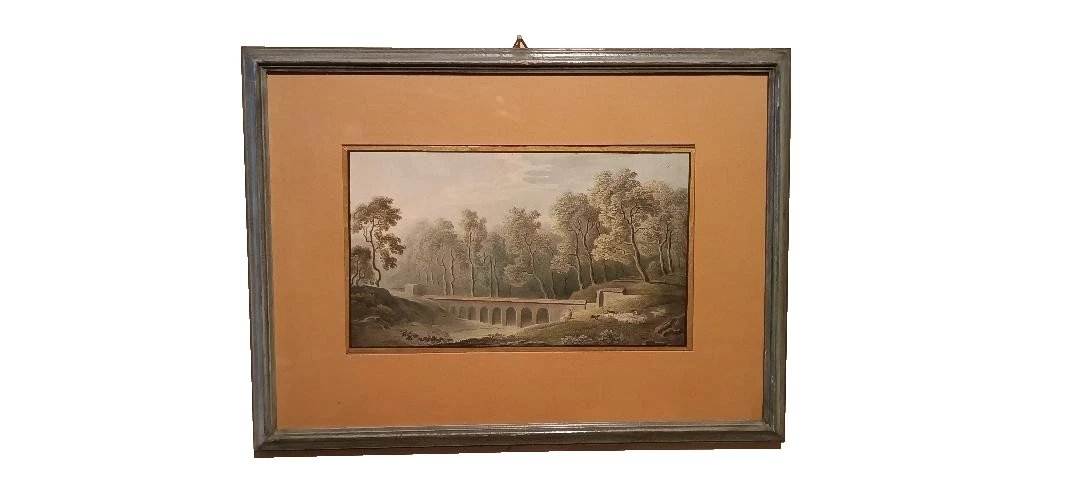Antico acquerello su carta primi 800 - paesaggio con acquedotto, ponte