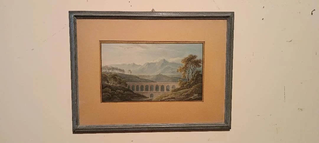 Antico acquerello su carta primi 800 - paesaggio con acquedotto, ponte-photo-2