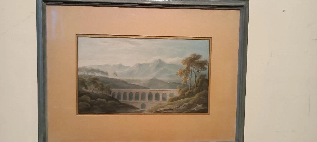 Antico acquerello su carta primi 800 - paesaggio con acquedotto, ponte-photo-3