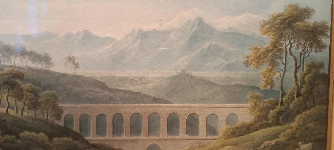 Antico acquerello su carta primi 800 - paesaggio con acquedotto, ponte-photo-3