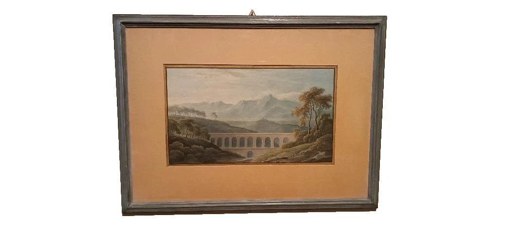 Antico acquerello su carta primi 800 - paesaggio con acquedotto, ponte