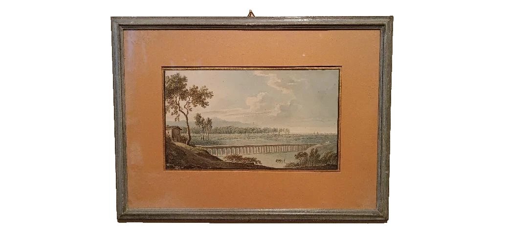 Antico acquerello su carta primi 800 - paesaggio con acquedotto, ponte-photo-2