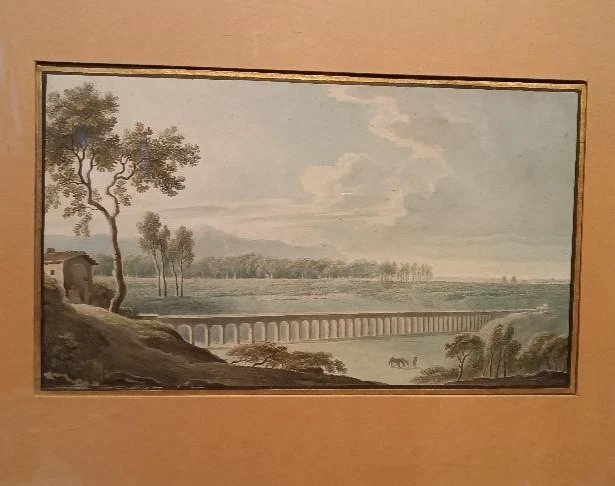 Antico acquerello su carta primi 800 - paesaggio con acquedotto, ponte-photo-4