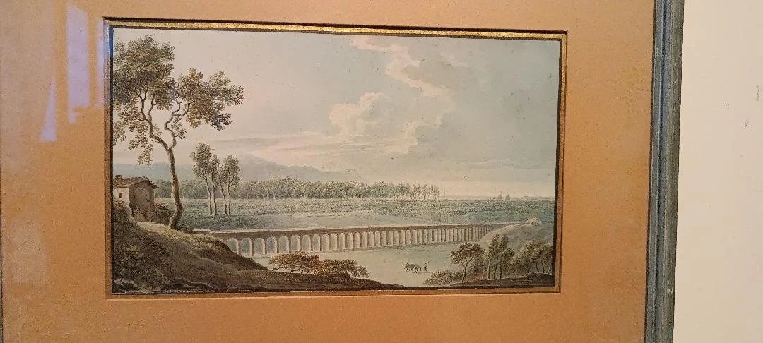 Antico acquerello su carta primi 800 - paesaggio con acquedotto, ponte-photo-1