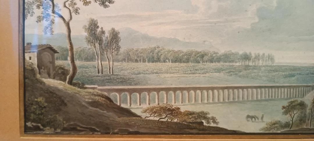 Antico acquerello su carta primi 800 - paesaggio con acquedotto, ponte-photo-3