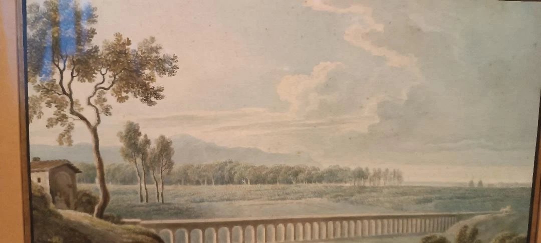 Antico acquerello su carta primi 800 - paesaggio con acquedotto, ponte-photo-4