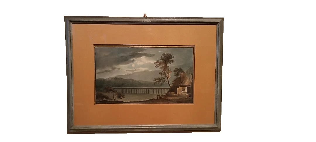 Antico acquerello su carta primi 800 - notturno - paesaggio con acquedotto, ponte-photo-2
