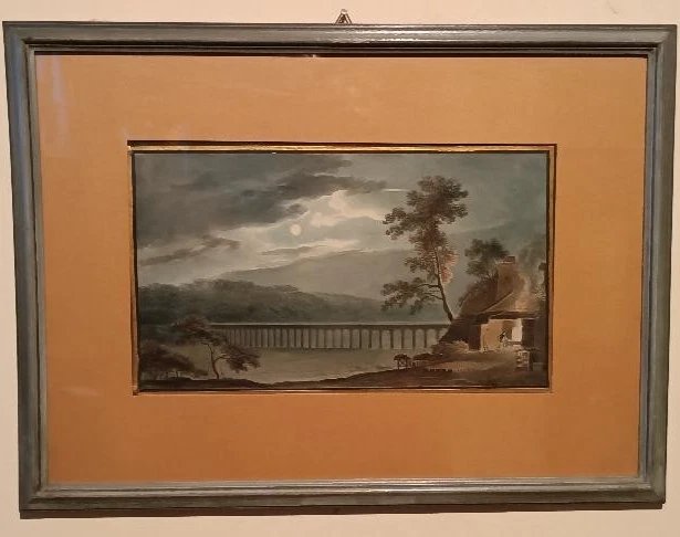 Antico acquerello su carta primi 800 - notturno - paesaggio con acquedotto, ponte-photo-3
