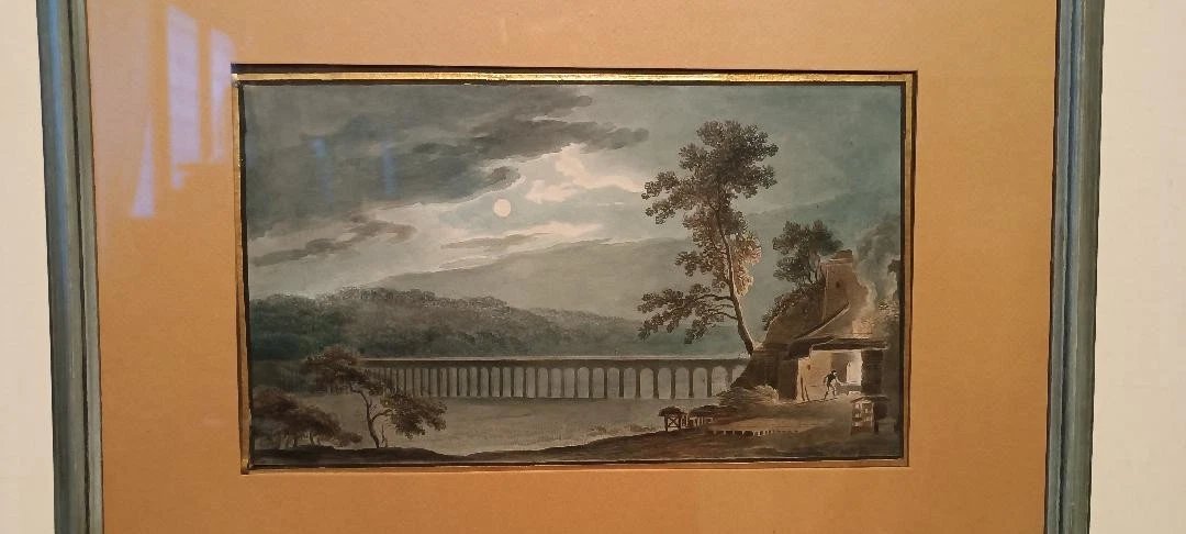 Antico acquerello su carta primi 800 - notturno - paesaggio con acquedotto, ponte-photo-4