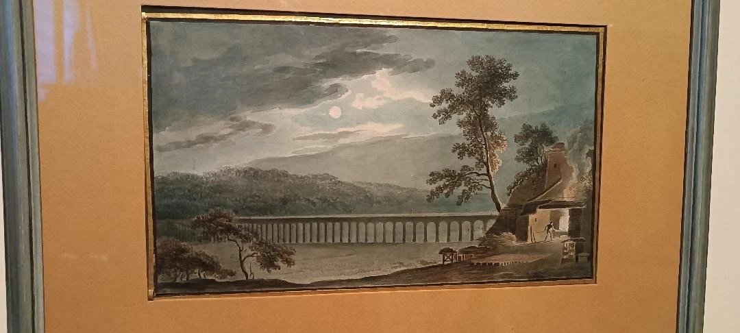 Antico acquerello su carta primi 800 - notturno - paesaggio con acquedotto, ponte-photo-1