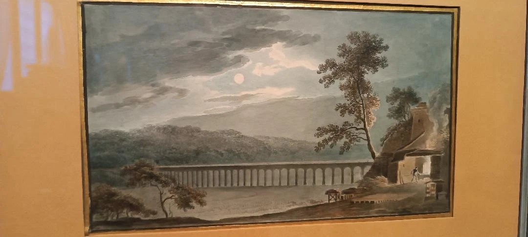 Antico acquerello su carta primi 800 - notturno - paesaggio con acquedotto, ponte-photo-2
